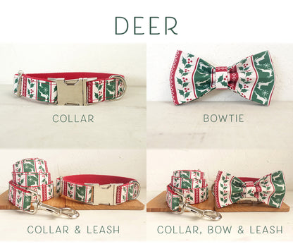 Personalised Dog Collar with Matching Leash and Bowtie in Joyful Christmas Design (Different Combo Available)