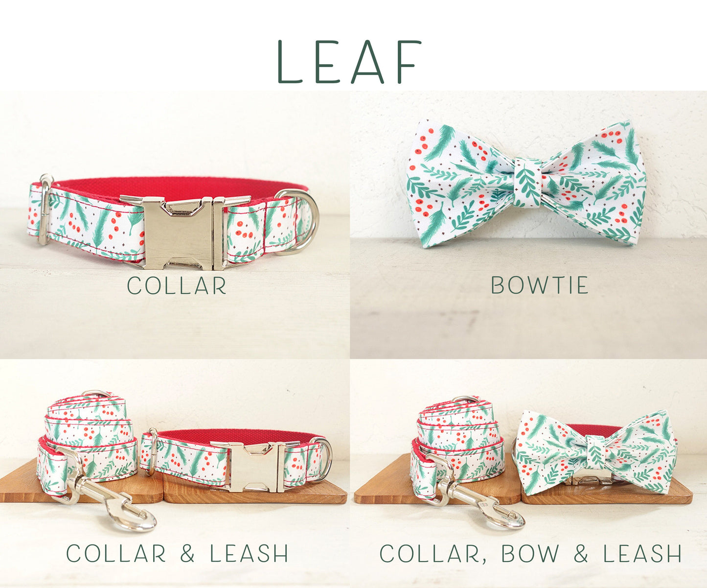 Personalised Dog Collar with Matching Leash and Bowtie in Joyful Christmas Design (Different Combo Available)