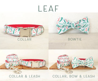 Personalised Dog Collar with Matching Leash and Bowtie in Joyful Christmas Design (Different Combo Available)
