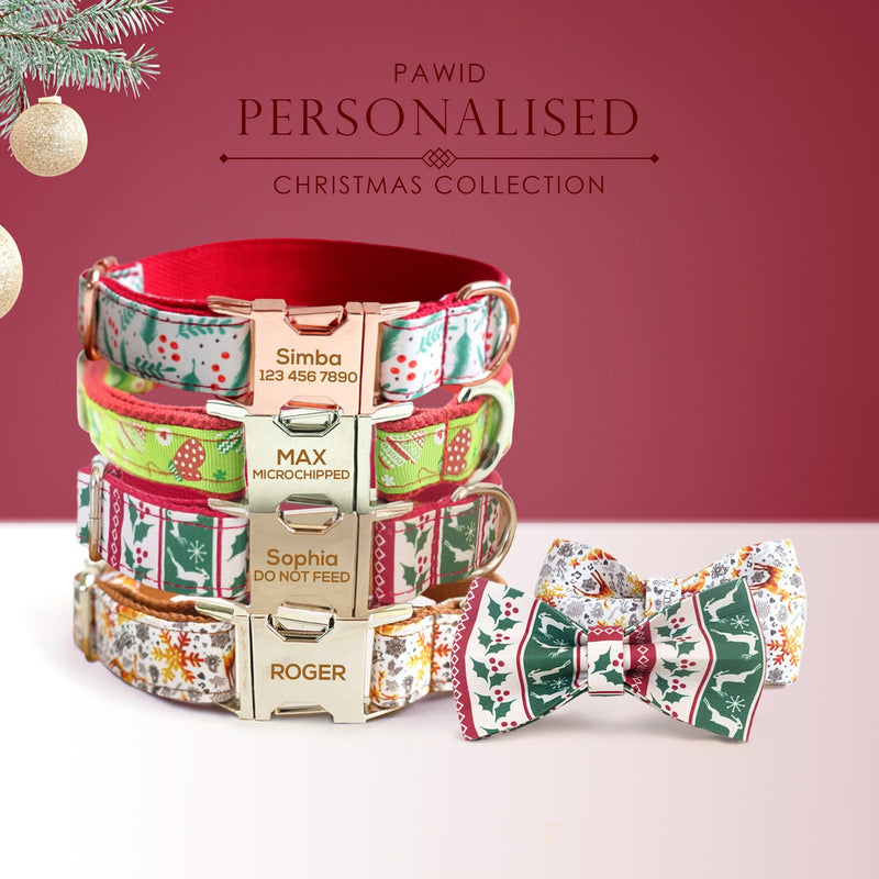 Personalized Laser Engraved Handmade Dog Collar with Matching Leash and Bowtie in Joyful Christmas Design (Different Combo Available)