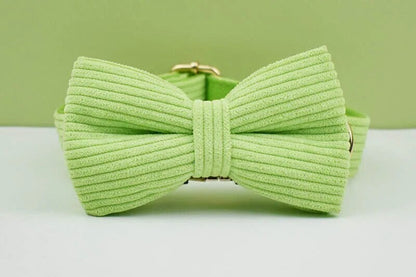 Custom Green Corduroy Personalised Dog Collar, Matching Dog Bowtie, Dog Leash, H-Style Dog Harness & Dog Poop Bag