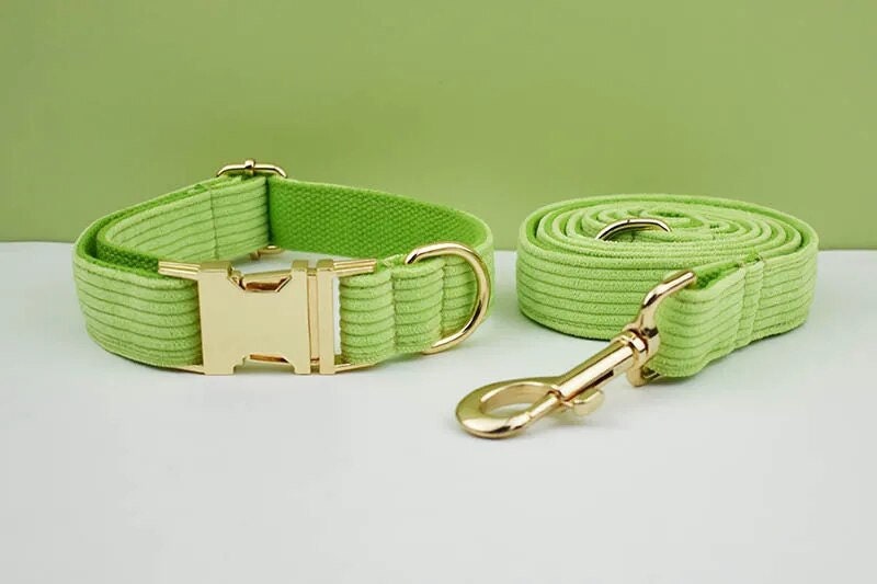 Custom Green Corduroy Personalised Dog Collar, Matching Dog Bowtie, Dog Leash, H-Style Dog Harness & Dog Poop Bag