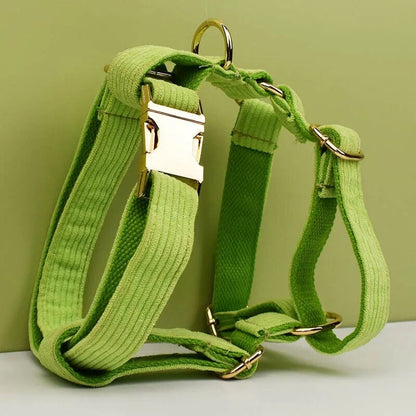 Custom Green Corduroy Personalised Dog Collar, Matching Dog Bowtie, Dog Leash, H-Style Dog Harness & Dog Poop Bag