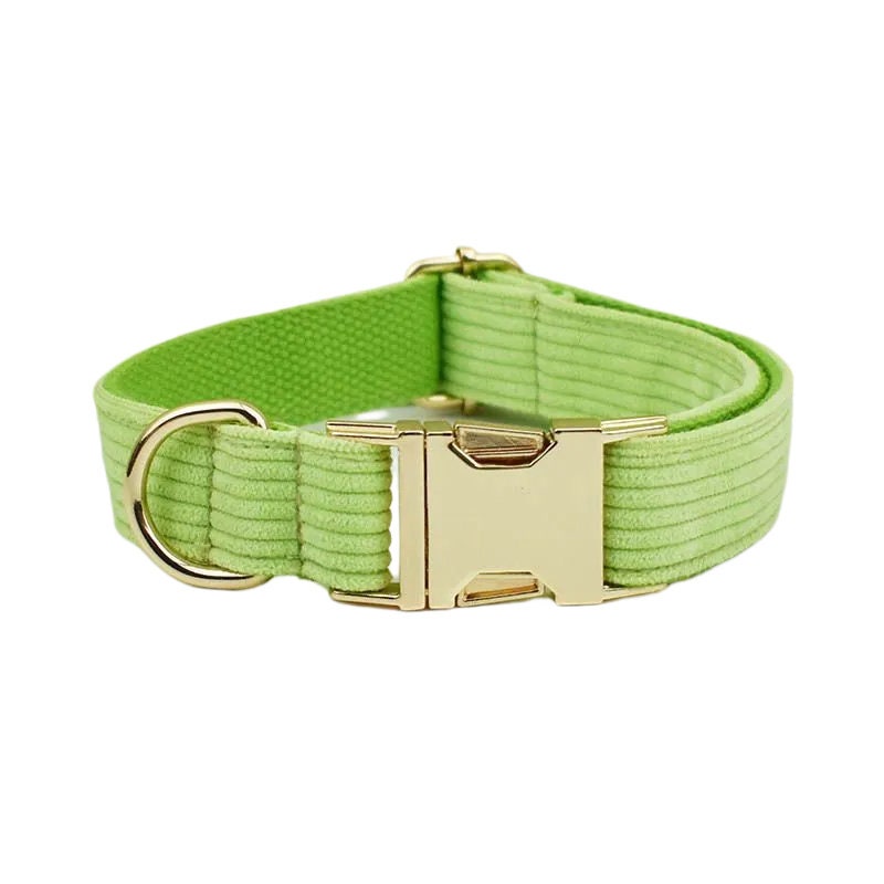 Custom Green Corduroy Personalised Dog Collar, Matching Dog Bowtie, Dog Leash, H-Style Dog Harness & Dog Poop Bag
