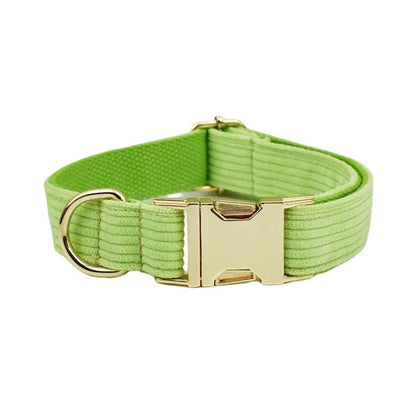 Custom Green Corduroy Personalised Dog Collar, Matching Dog Bowtie, Dog Leash, H-Style Dog Harness & Dog Poop Bag