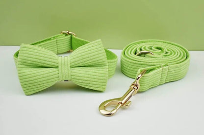 Custom Green Corduroy Personalised Dog Collar, Matching Dog Bowtie, Dog Leash, H-Style Dog Harness & Dog Poop Bag