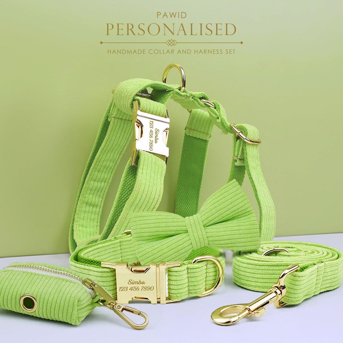 Custom Green Corduroy Personalised Dog Collar, Matching Dog Bowtie, Dog Leash, H-Style Dog Harness & Dog Poop Bag