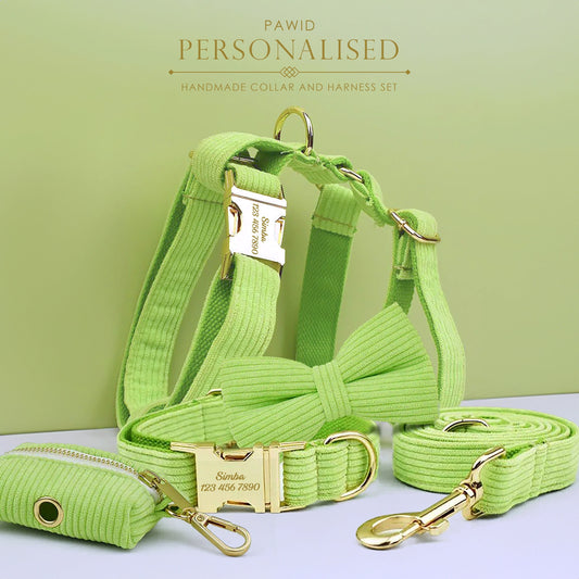 Custom Green Corduroy Personalised Dog Collar, Matching Dog Bowtie, Dog Leash, H-Style Dog Harness & Dog Poop Bag