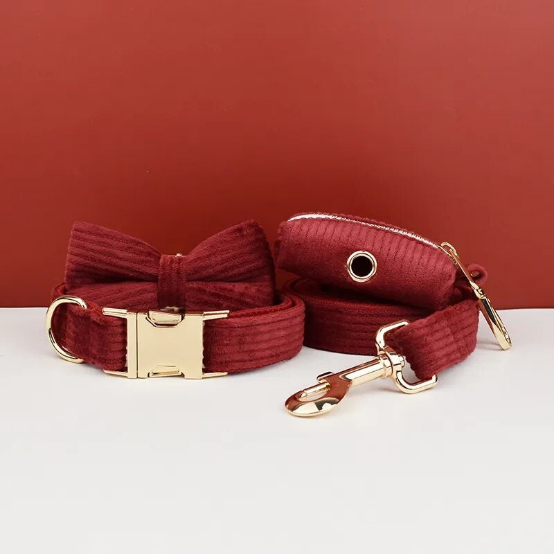 Custom Red Corduroy Personalised Dog Collar, Matching Dog Bowtie, Dog Leash, H-Style Dog Harness & Dog Poop Bag
