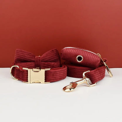 Custom Red Corduroy Personalised Dog Collar, Matching Dog Bowtie, Dog Leash, H-Style Dog Harness & Dog Poop Bag