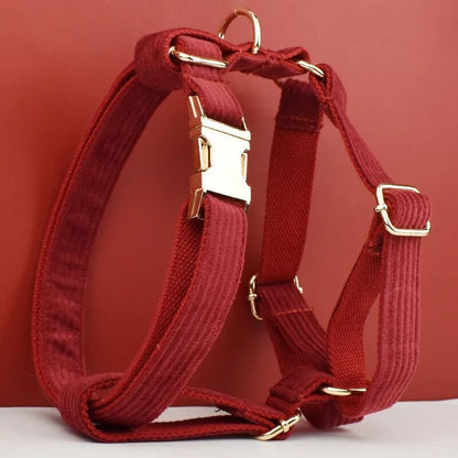 Custom Red Corduroy Personalised Dog Collar, Matching Dog Bowtie, Dog Leash, H-Style Dog Harness & Dog Poop Bag