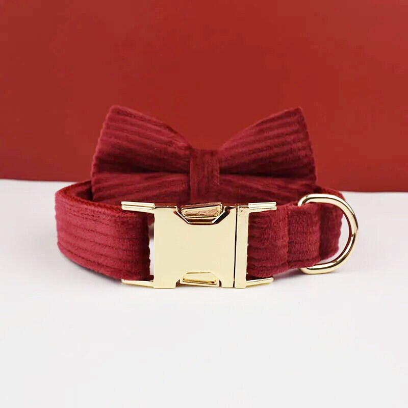 Custom Red Corduroy Personalised Dog Collar, Matching Dog Bowtie, Dog Leash, H-Style Dog Harness & Dog Poop Bag