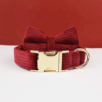 Custom Red Corduroy Personalised Dog Collar, Matching Dog Bowtie, Dog Leash, H-Style Dog Harness & Dog Poop Bag