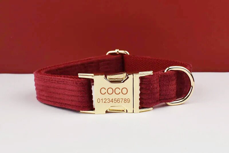 Custom Red Corduroy Personalised Dog Collar, Matching Dog Bowtie, Dog Leash, H-Style Dog Harness & Dog Poop Bag