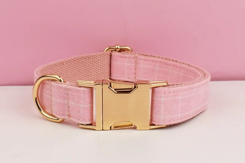 Custom Pink Plaid Personalised Dog Collar, Matching Dog Bowtie, Dog Leash, H-Style Dog Harness
