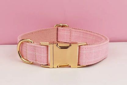 Custom Pink Plaid Personalised Dog Collar, Matching Dog Bowtie, Dog Leash, H-Style Dog Harness