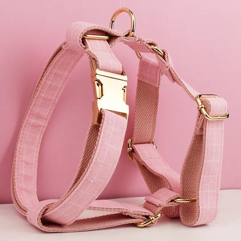 Custom Pink Plaid Personalised Dog Collar, Matching Dog Bowtie, Dog Leash, H-Style Dog Harness
