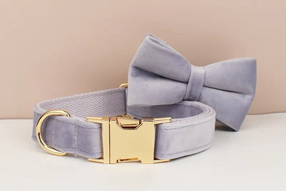 Custom Heather Purple Velvet Personalised Dog Collar, Matching Dog Bowtie, Dog Flower, Leash, H-Style Harness & Poop Bag