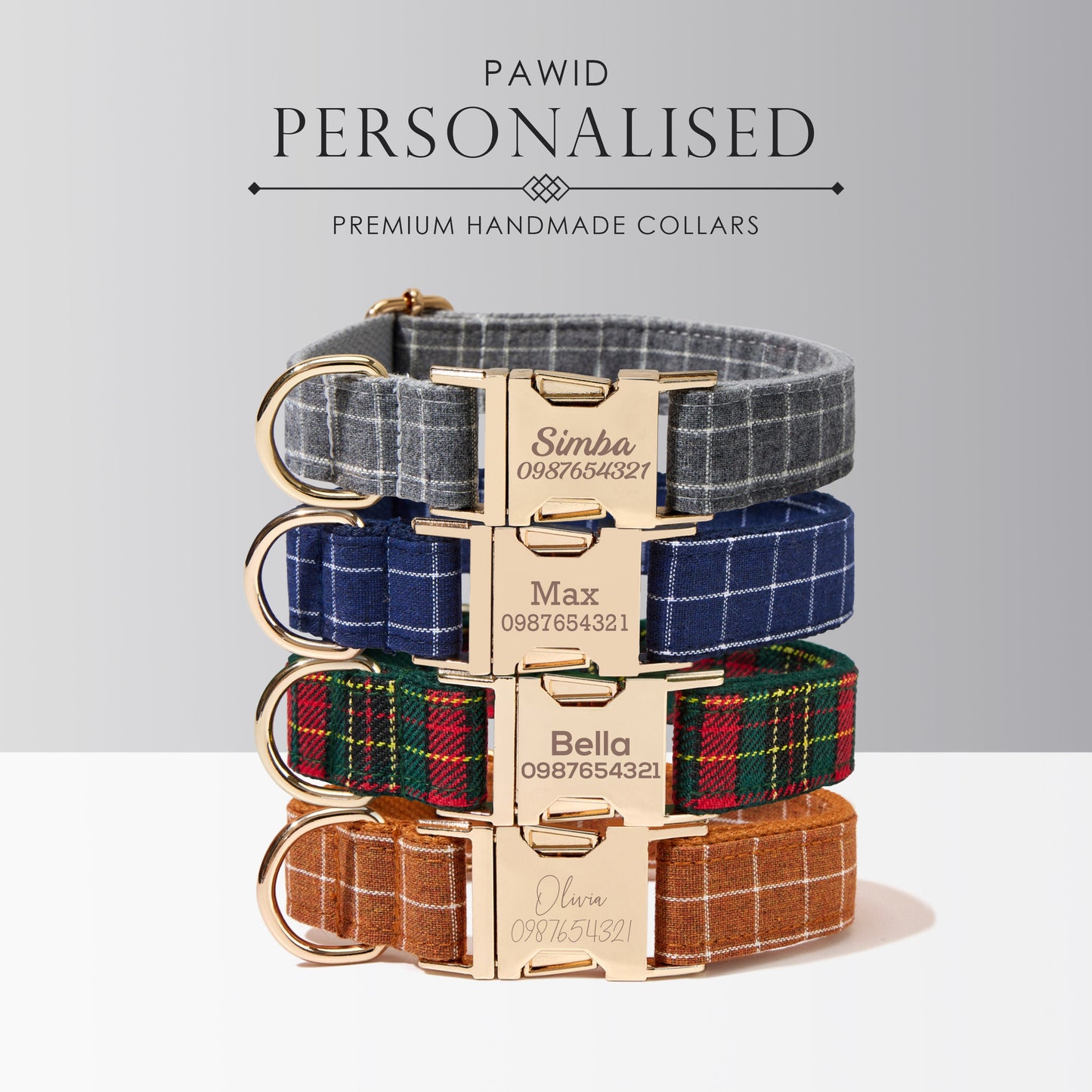 Plaid Dog Collar, Personalised Tag, Plaid Tartan Dog Collar and Leash or Bow, Collar for Male Dog, Engraved Name on Dog Collar, Boy Collar