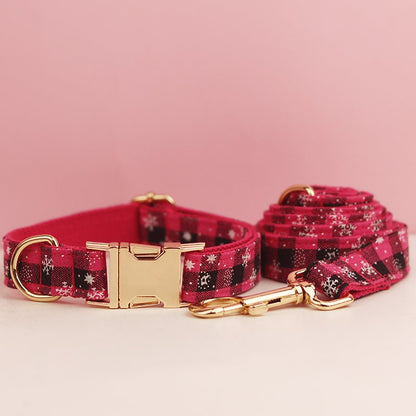 Personalised Christmas Dog Collar with Snowflakes, Pink and Black Tartan, Leash, and Bowtie - Custom Festive Pet Set in Various Combo