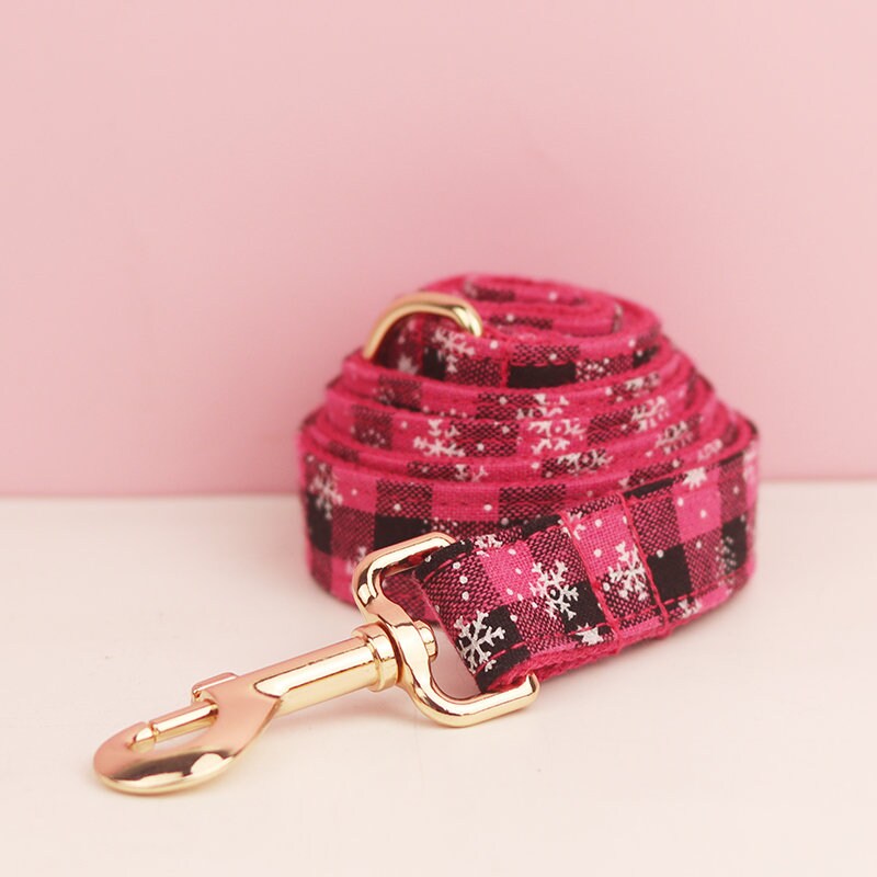 Personalised Christmas Dog Collar with Snowflakes, Pink and Black Tartan, Leash, and Bowtie - Custom Festive Pet Set in Various Combo
