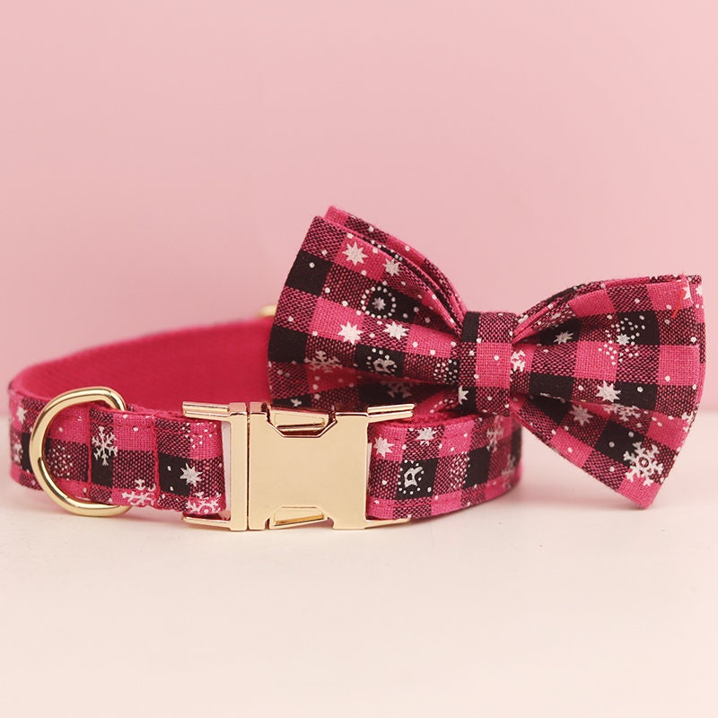 Personalised Christmas Dog Collar with Snowflakes, Pink and Black Tartan, Leash, and Bowtie - Custom Festive Pet Set in Various Combo