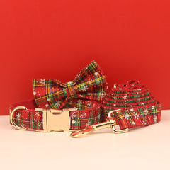 Custom Red and Green Snowflake Tartan Christmas Dog Harness Set - Collar, Bowtie, Leash - Various Combinations for Festive Pet Fashion