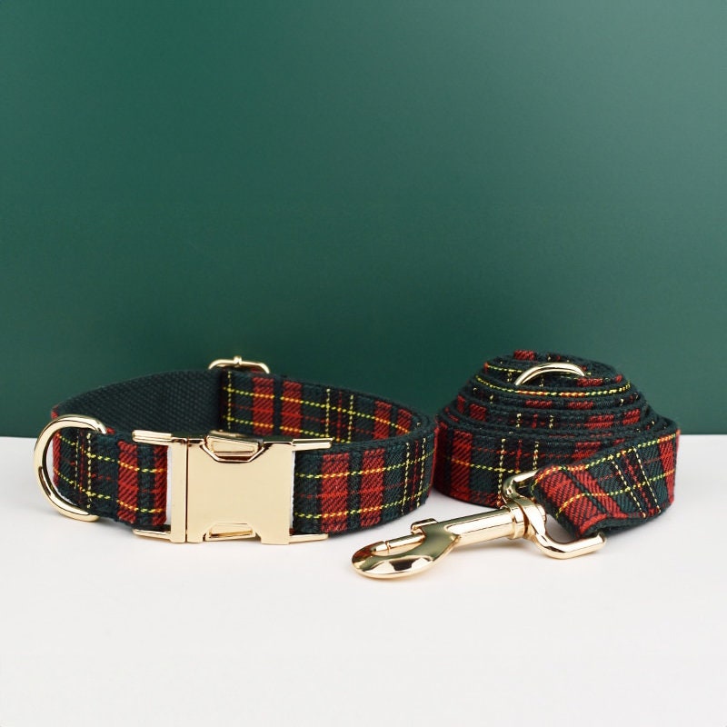 Personalised Dog Collar Leash Bowtie in Christmas Pattern, Tartan Puppy Collar Bowtie, Handmade Dog Collar Leash Bowtie for Birthday Gift
