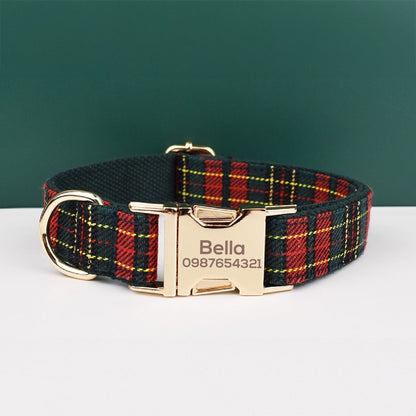 Personalised Dog Collar Leash Bowtie in Christmas Pattern, Tartan Puppy Collar Bowtie, Handmade Dog Collar Leash Bowtie for Birthday Gift