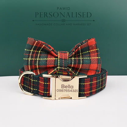 Personalised Dog Collar Leash Bowtie in Christmas Pattern, Tartan Puppy Collar Bowtie, Handmade Dog Collar Leash Bowtie for Birthday Gift