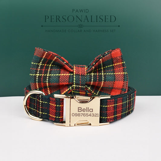 Personalised Dog Collar Leash Bowtie in Christmas Pattern, Tartan Puppy Collar Bowtie, Handmade Dog Collar Leash Bowtie for Birthday Gift