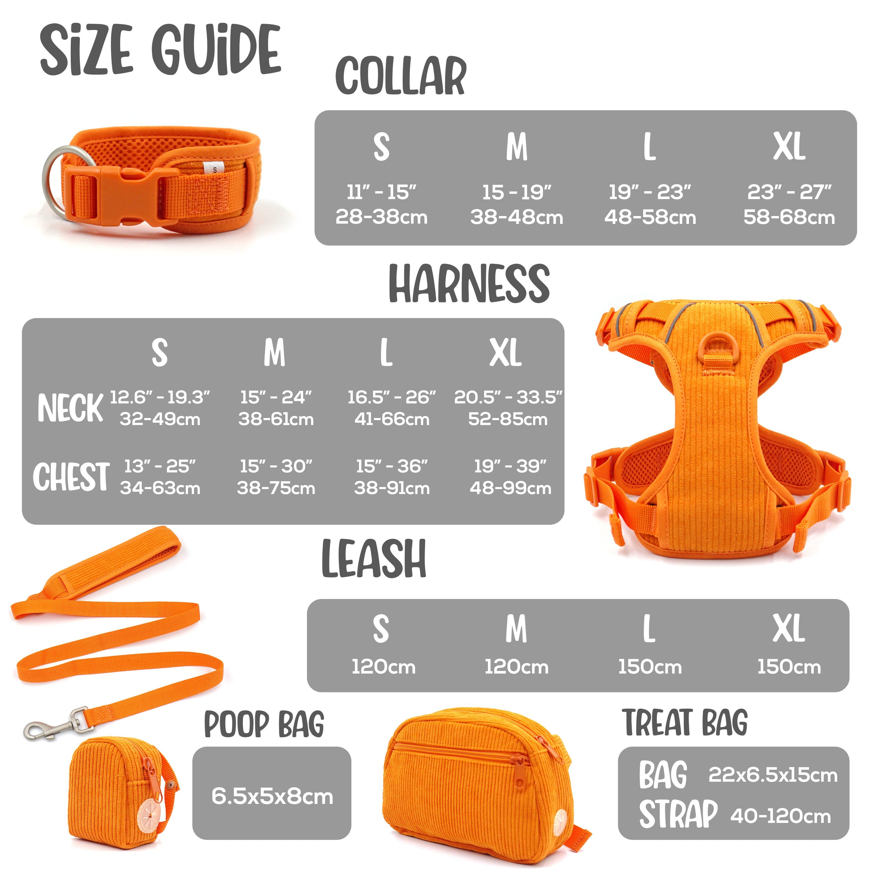 Personalised Dog Collar or Dog Harness Set - Orange No Pull Dog Harness - Dog Leash - Poop Bag Holder - Treat Bag - Different Combo