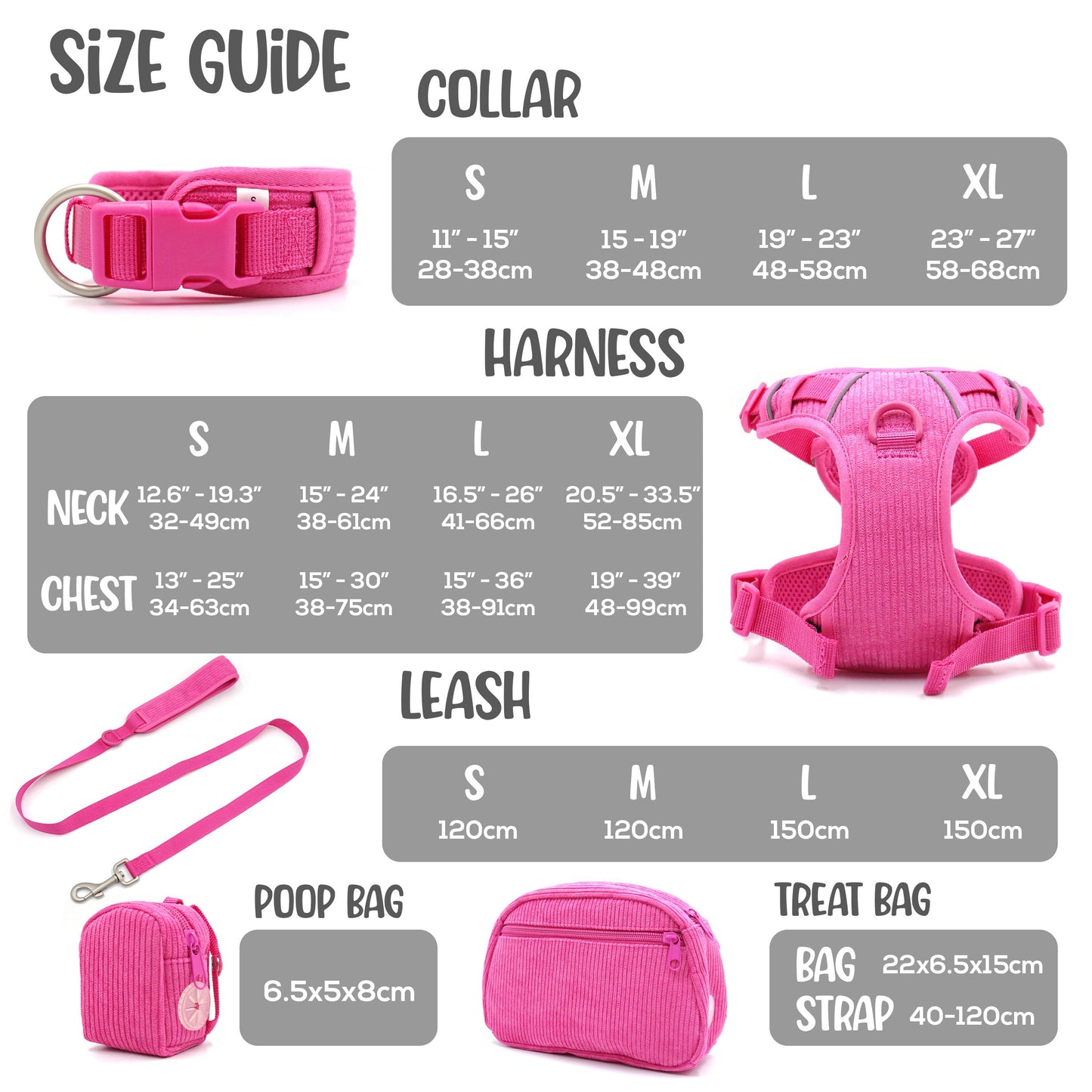 Personalised Dog Collar or Dog Harness Set - Hot Pink No Pull Dog Harness - Dog Leash - Poop Bag Holder - Treat Bag