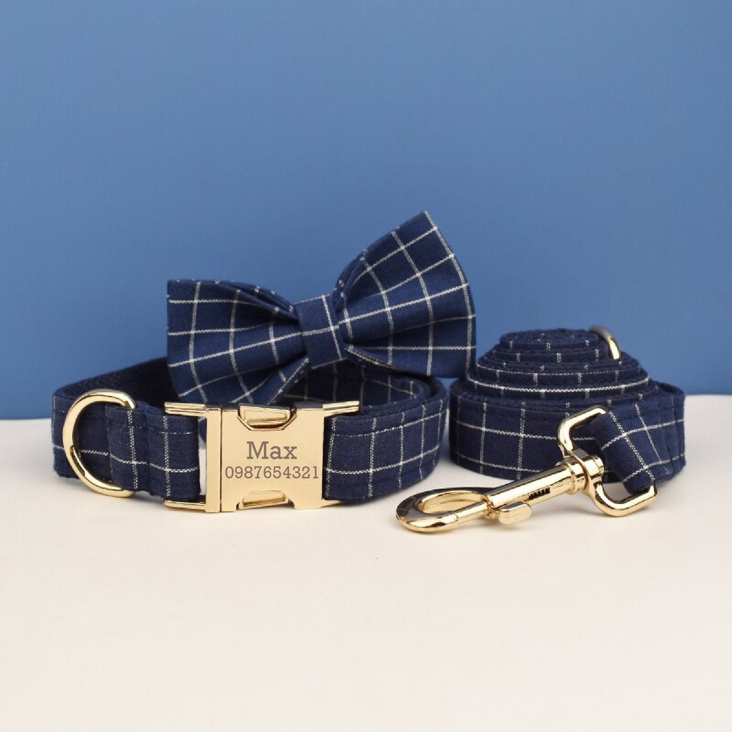 Plaid Dog Collar, Personalised Tag, Plaid Tartan Dog Collar and Leash or Bow, Collar for Male Dog, Engraved Name on Dog Collar, Boy Collar