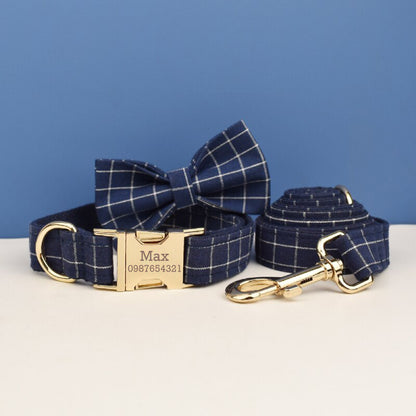 Plaid Dog Collar, Personalised Tag, Plaid Tartan Dog Collar and Leash or Bow, Collar for Male Dog, Engraved Name on Dog Collar, Boy Collar