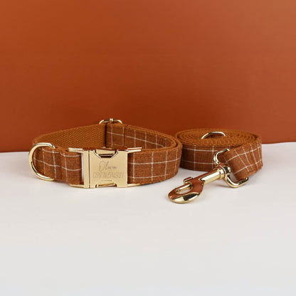 Plaid Dog Collar, Personalised Tag, Plaid Tartan Dog Collar and Leash or Bow, Collar for Male Dog, Engraved Name on Dog Collar, Boy Collar