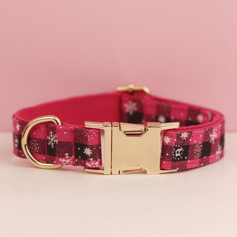 Personalised Christmas Dog Collar with Snowflakes, Pink and Black Tartan, Leash, and Bowtie - Custom Festive Pet Set in Various Combo