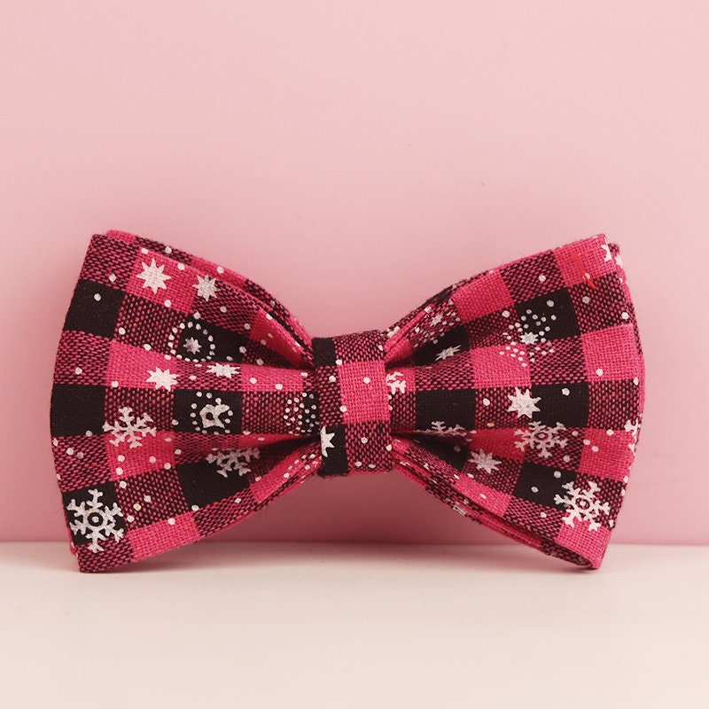 Personalised Christmas Dog Collar with Snowflakes, Pink and Black Tartan, Leash, and Bowtie - Custom Festive Pet Set in Various Combo
