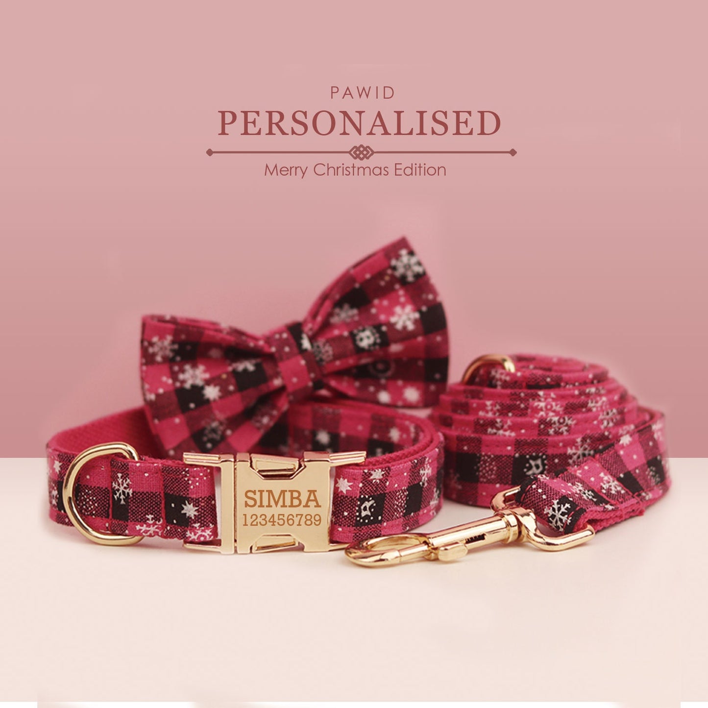 Personalised Christmas Dog Collar with Snowflakes, Pink and Black Tartan, Leash, and Bowtie - Custom Festive Pet Set in Various Combo