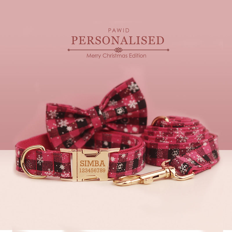 Personalized Christmas Dog Collar with Snowflakes, Pink and Black Tartan, Leash, and Bowtie - Custom Festive Pet Set in Various Combo