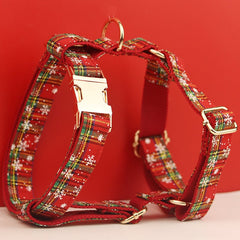 Custom Red and Green Snowflake Tartan Christmas Dog Harness Set - Collar, Bowtie, Leash - Various Combinations for Festive Pet Fashion