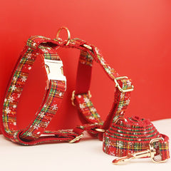 Custom Red and Green Snowflake Tartan Christmas Dog Harness Set - Collar, Bowtie, Leash - Various Combinations for Festive Pet Fashion