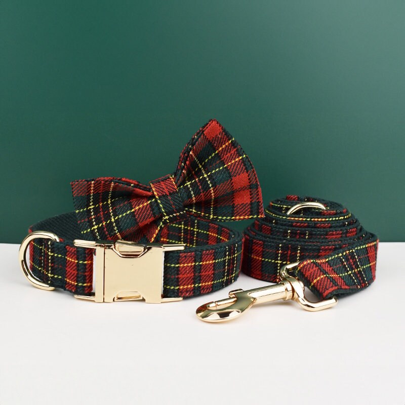Personalised Dog Collar Leash Bowtie in Christmas Pattern, Tartan Puppy Collar Bowtie, Handmade Dog Collar Leash Bowtie for Birthday Gift