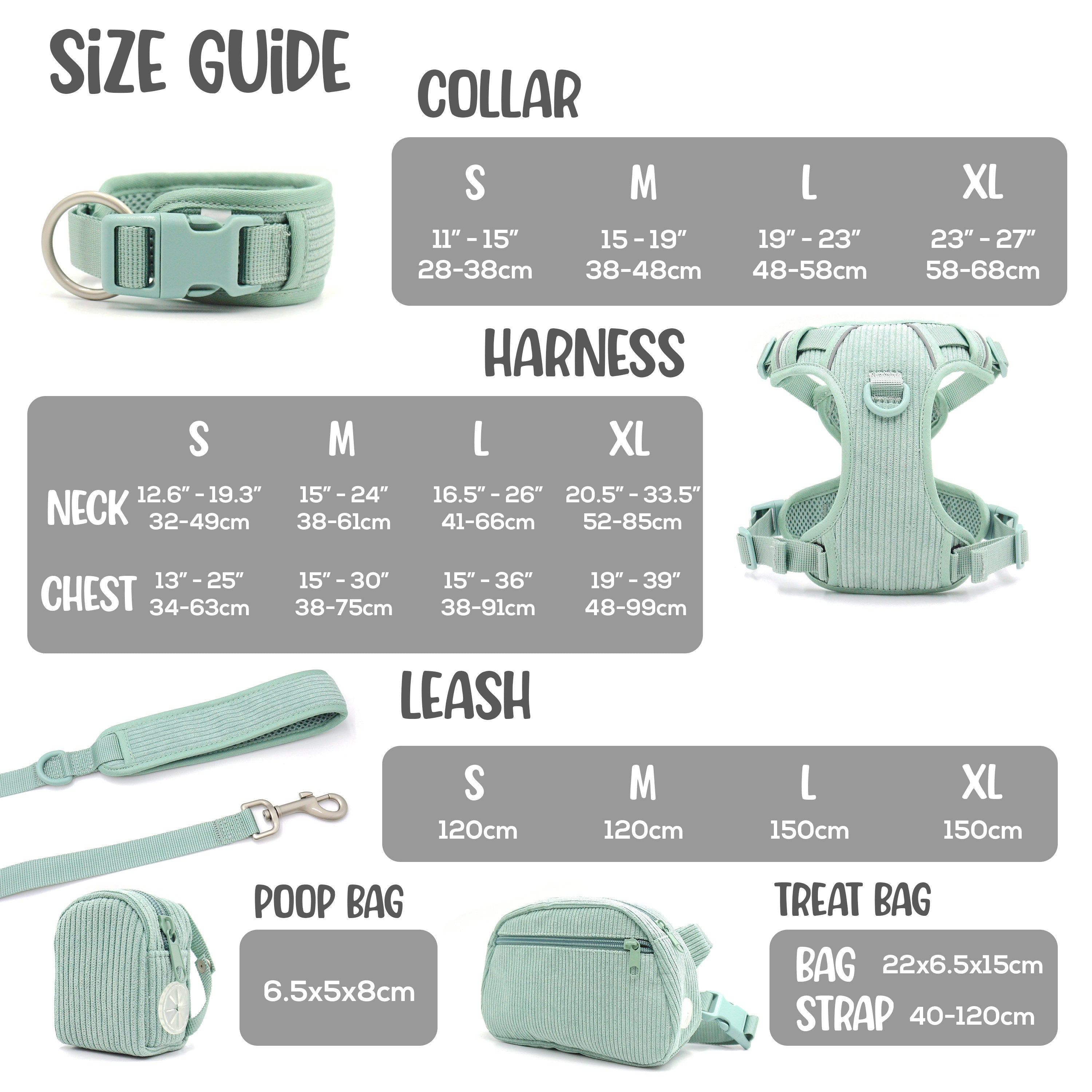 Personalised Dog Collar or Dog Harness Set - Mint Green No Pull Dog Harness - Dog Leash - Poop Bag Holder - Treat Bag - Different Combo
