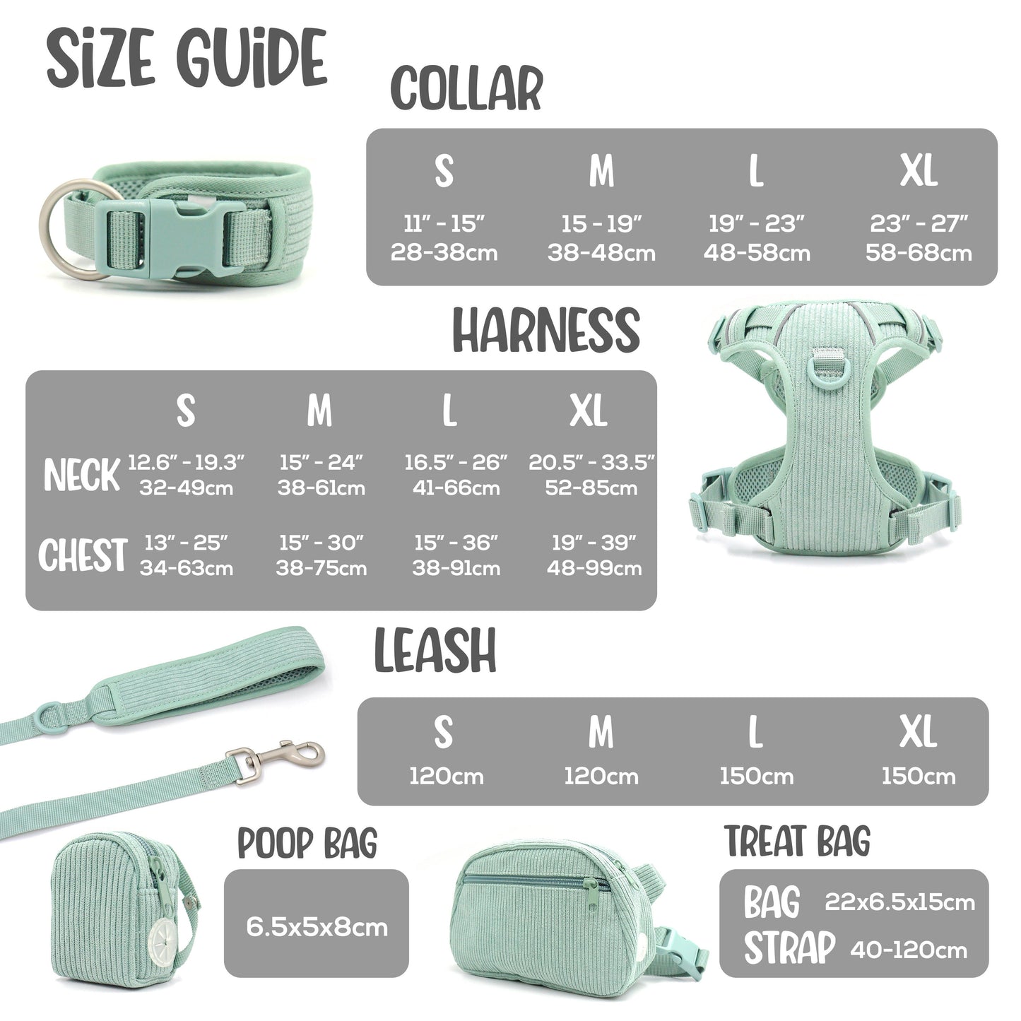 Personalised Dog Collar or Dog Harness Set - Mint Green No Pull Dog Harness - Dog Leash - Poop Bag Holder - Treat Bag