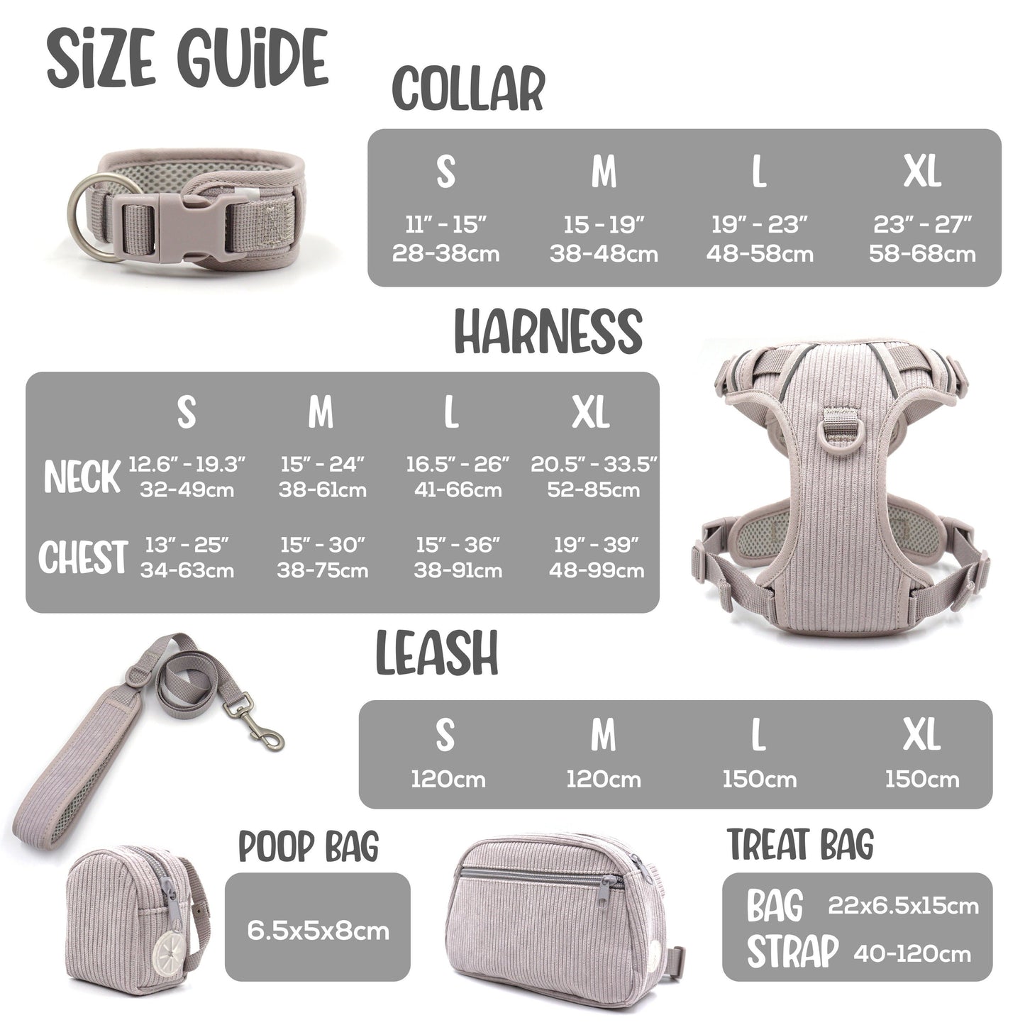 Personalised Dog Collar or Dog Harness Set - Grey No Pull Dog Harness - Dog Leash - Poop Bag Holder - Treat Bag