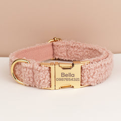 Soft Dog Collar, Personalised Fleece Teddy Collar, Collar and Leash or Bow, Collar for Male Female Dog, Engraved Name on Dog Collar,
