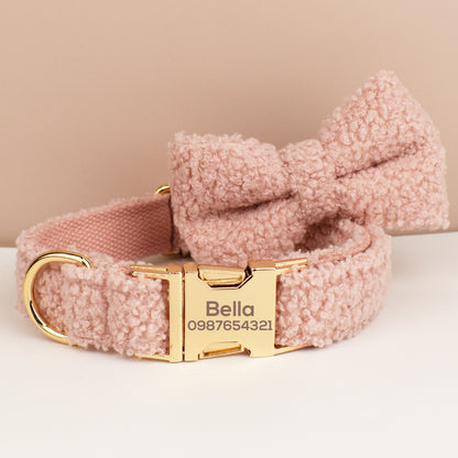 Soft Dog Collar, Personalised Fleece Teddy Collar, Collar and Leash or Bow, Collar for Male Female Dog, Engraved Name on Dog Collar