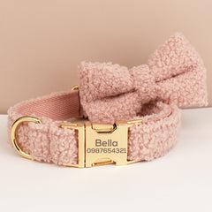 Soft Dog Collar, Personalised Fleece Teddy Collar, Collar and Leash or Bow, Collar for Male Female Dog, Engraved Name on Dog Collar,