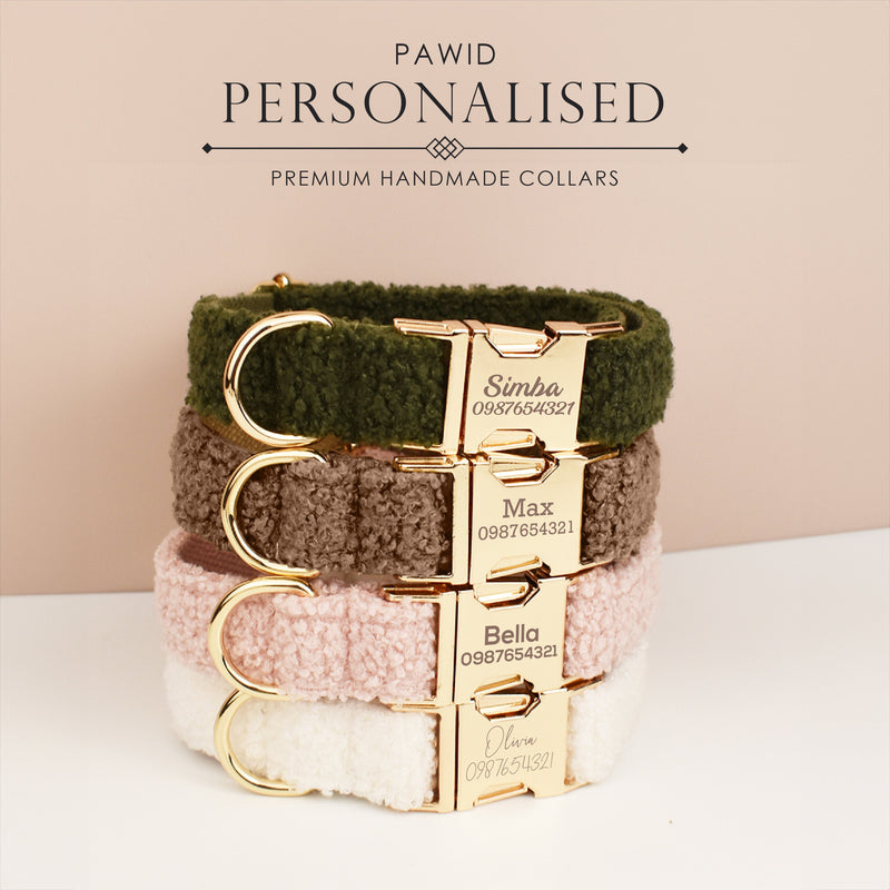 Soft Dog Collar, Personalised Fleece Teddy Collar, Collar and Leash or Bow, Collar for Male Female Dog, Engraved Name on Dog Collar,
